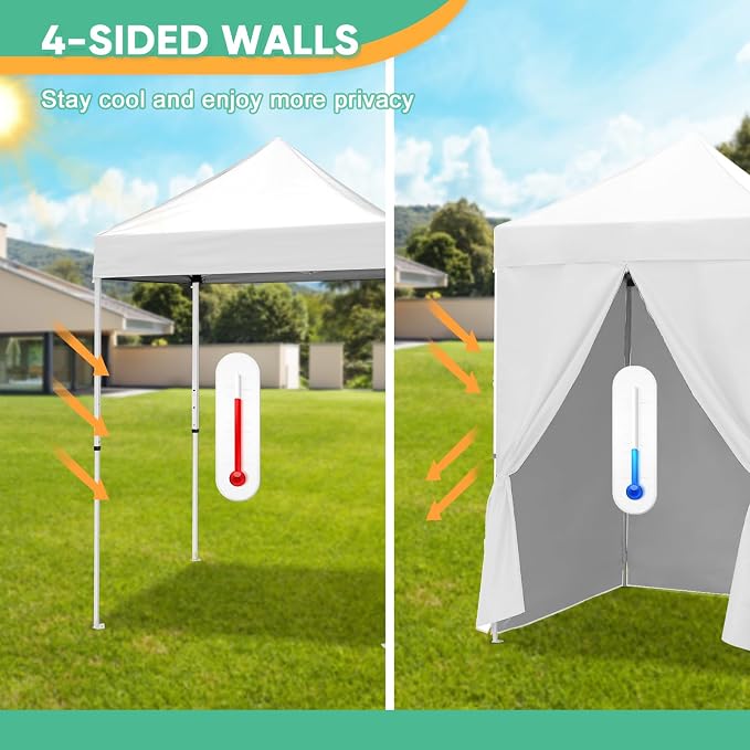 5x5 Pop Up Canopy Tent with Four Sidewalls, Instant Portable Beach Canopy, Outdoor Tent with Carry Bag for Camping, Sports, Tailgating, Events, White