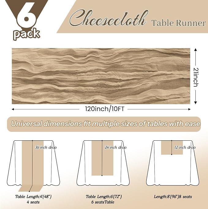 6 Pack Beige Cheesecloth Table Runner 21x120 Inches, Boho Gauze Rustic Semi Sheer Cheese Cloth Table Runners for Easter Wedding Bridal Baby Shower, Birthday Party, Long Farmhouse Table Decor