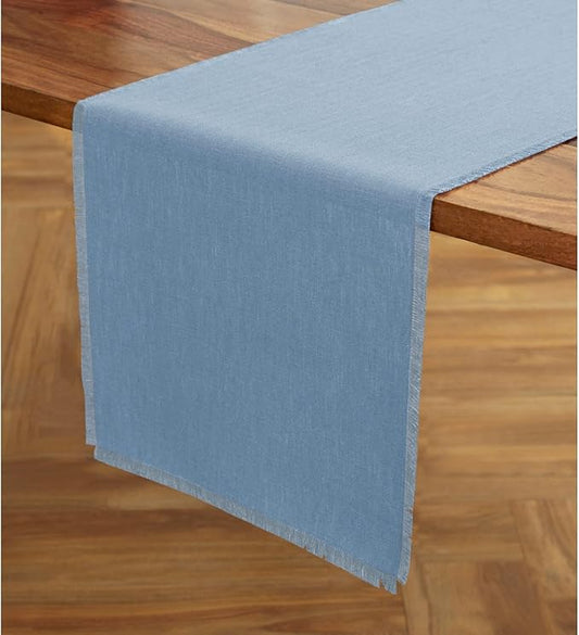 Solino Home Linen Dusty Chambray Blue Table Runner 90 Inches Long - Fringe, 100% Pure Linen Dining Table Runner 14 x 90 Inch for Spring, Summer, Mothers Day
