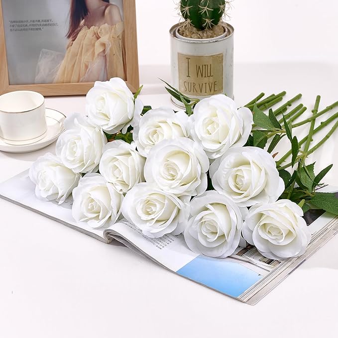 60 Pcs Ivory Fake Roses Artificial Flowers Bulk Realistic Silk Faux Rose with Stems for Wedding Decoration Anniversary Bridal Bouquet DIY Floral Arrangement Romantic Home Decor Gifts