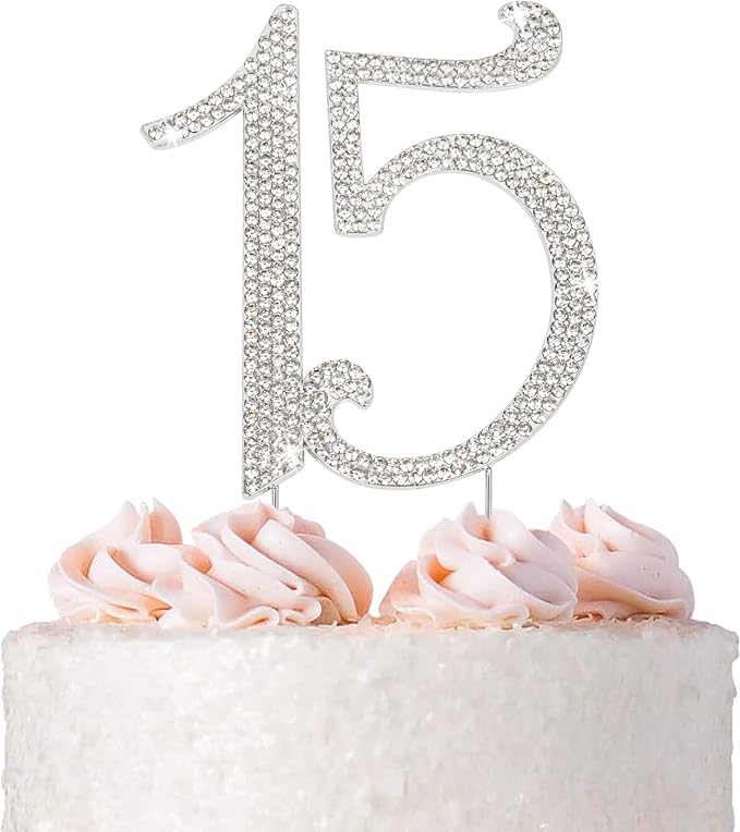 15 Cake Topper - Premium Silver Metal - 15th Birthday or Anniversary Party - Sparkly Rhinestone Quinceanera Cake Topper Decoration Makes a Great Centerpiece - Now Protected in a Box