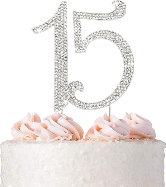 15 Cake Topper - Premium Silver Metal - 15th Birthday or Anniversary Party - Sparkly Rhinestone Quinceanera Cake Topper Decoration Makes a Great Centerpiece - Now Protected in a Box