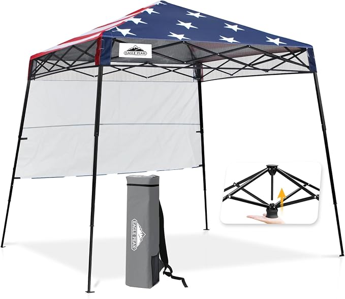 EAGLE PEAK 8x8 Pop Up Canopy Tent with Sidewall, Compact, Portable Slant Leg Instant Sun Shelter for Beach, Sports, & Camping, 8x8 Base 6x6 Top, American Flag