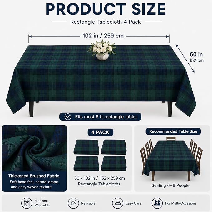 Mindsoft 4 Pack Green Blue Tartan Plaid Tablecloth 60 x 102 Inch for Rectangle Table, Wrinkle Resistant Preppy Table Cover, Ideal for Baby Shower, Birthday Party, Farmhouse Kitchen Dining Home Decor
