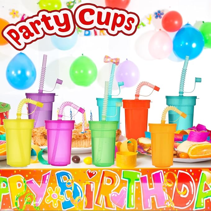 Haundry 24 Pack Kids Party Cups with Lids and Straws, Colorful Plastic Sipper Party Favor Cups for School Events and Birthday Celebrations Supplies, Neon Colors