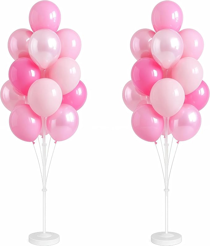 2 Sets Champagne Gold Balloon Stand Kit-Balloon Column Holder with Metallic Rose Balloons for Birthday, Wedding,Baby Shower,Graduation,Anniversary Party Decorations Centerpiece（Blossom Pink）