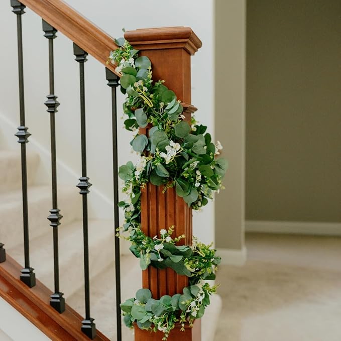 CQURE 4Pcs Eucalyptus Garland,Artificial Eucalyptus Leaves Table Greenery Garland Wreath Vines for Wedding Party Table Fireplace Bedroom Wall Room Decor