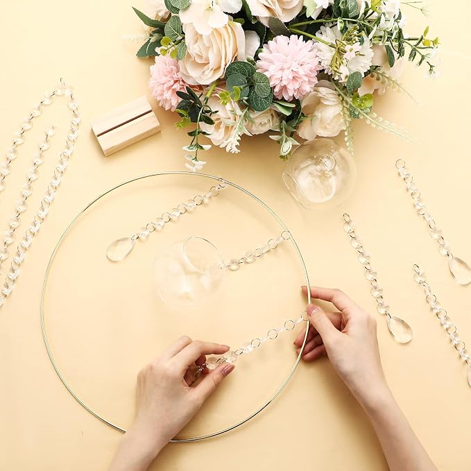 Leinuosen 12 Pack 12'' Metal Floral Hoop Centerpieces Set with Wooden Stand, Hanging Candle Holder, Acrylic Crystal Pendant Garland Crystal Garland String, for DIY Wedding Party Tabletop Decoration