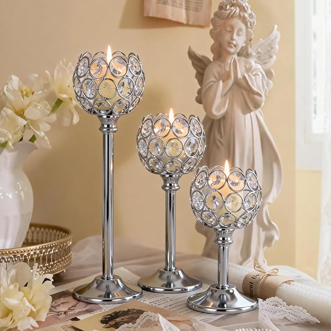 Silver Crystal Candle Holders Candlestick Holders - 4 Sets Tall Bling Bowl Candelabra Centerpieces for Dining Table, Wedding, Party & Fireplace Mantel Decor,12Pcs
