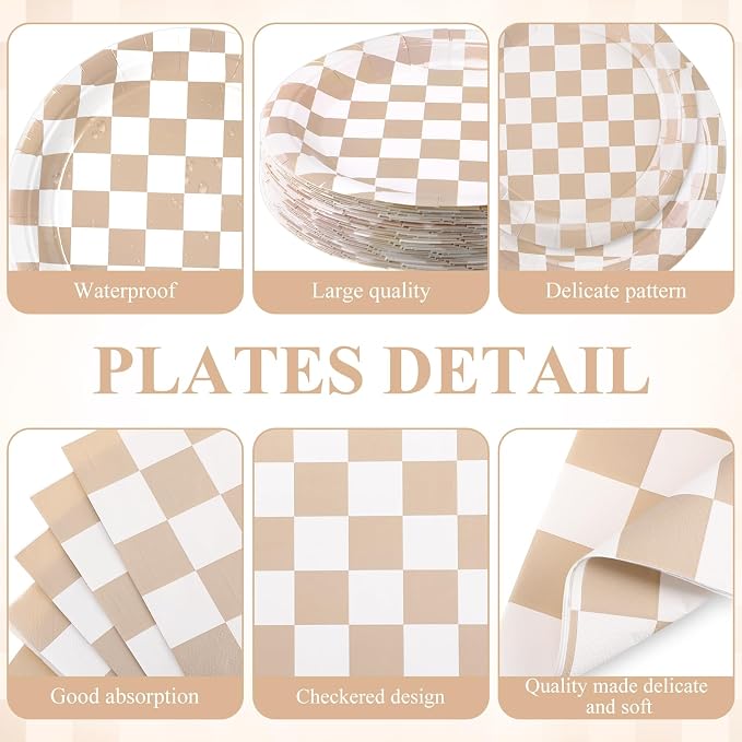 Funnymoom 452 Pcs Beige and Brown Gingham Party Supplies for 50, Beige Checkered Plaid Paper Plates Napkins Cups Tablecloth Cutlery Straws for Picnic Camping Birthday Baby Shower Decoration