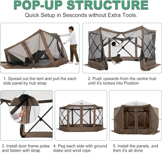COBIZI 12x12 FT Pop Up Canopy Shelter Tent, Large Gazebos On Clearance with Sidewalls, Screened in Gazebo, Screen Tents Portable carpas para Patio for Outdoor Camping, Backyard, Garden, Beach,Brown