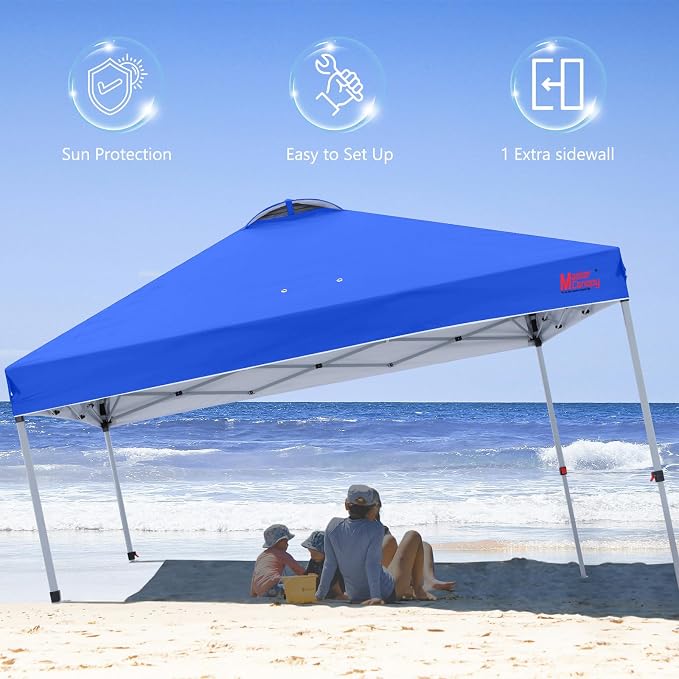 MASTERCANOPY 10x10 Pop Up Canopy Tent with 1 Sidewall, 1 Person Setup Instant Shelter, Outdoor Portable Beach Canopy, 1 Roller Bag, 4 Sandbags, 4 Ropes, 8 Stakes (10x10, Blue)