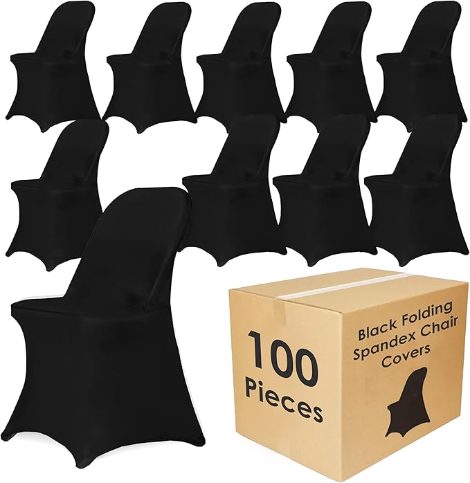 Craft And Party 100 Pack Black Spandex Folding Chair Covers, Stretch Polyester Slipcovers for Wedding, Party & Dining Chairs – Flat Front Design, Universal Fit