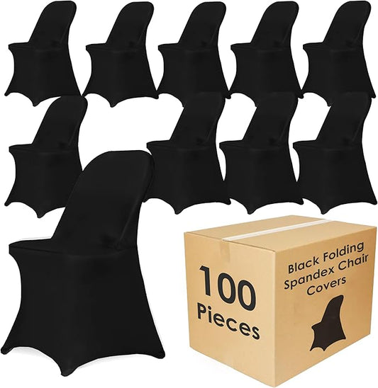 Craft And Party 100 Pack Black Spandex Folding Chair Covers, Stretch Polyester Slipcovers for Wedding, Party & Dining Chairs – Flat Front Design, Universal Fit