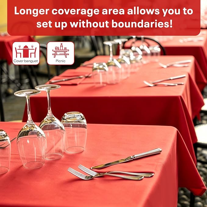 54IN X 600FT Plastic Table Cover Roll, Plastic Table Cloths for Parties, Birthday, Weddings, Banquet,Disposable Tablecloth Roll for All Shape Tables,Party Supplies(Red, 54 Inch X 600 Feet)