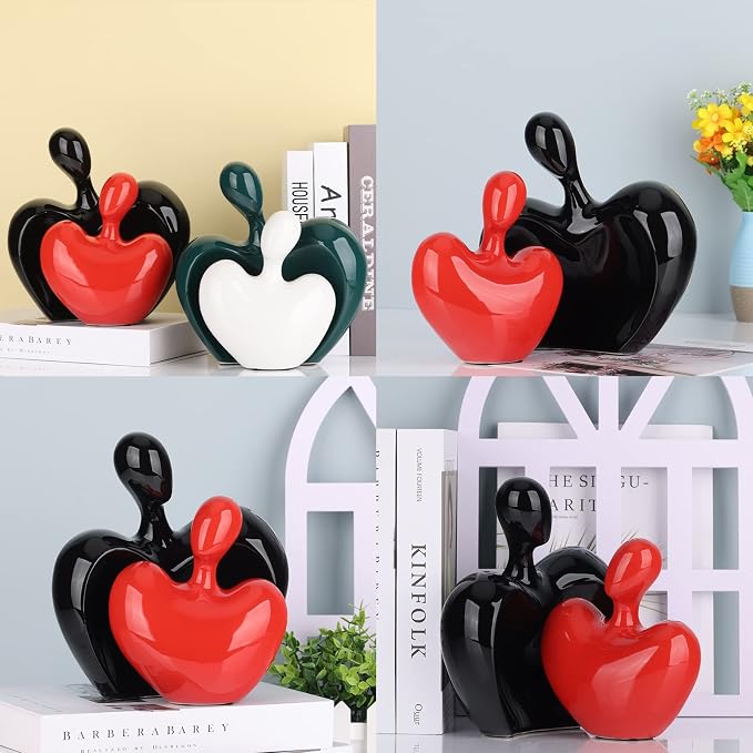 DOVDOV Ceramic Love Statue, Male and Female Couple embracing Sculpture, Black and red Home Decor, Wedding for Parents, Love Sign Figurines on The Shelf in The Living Room, 2-Piece Set
