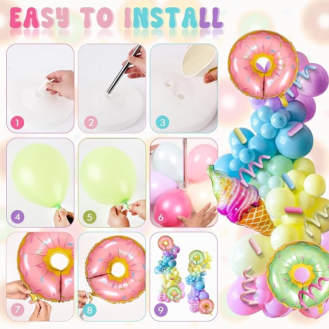 2 Sets Christmas Candy Doughnut Balloon Column Stand Kits Adjustable Macaron Colour Rainbow Balloons Ice Cream Balloon Column Kit Candy Sprinkle Doughnut Themed Tower Stand Kit for Birthday Kids Party
