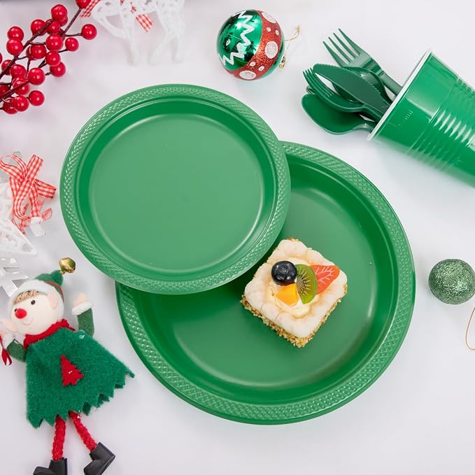 MirthMood 350pcs Green Plastic Plates, green Plates Set, Including Green Disposable Plates and Napkins, Plastic Cutlery and 12OZ Cups, Serve 50 Guests for Party & Wedding