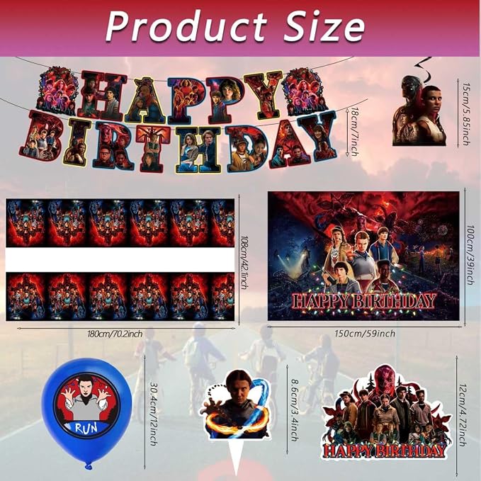 50 PCS Stranger Party Supplies, Birthday Decorations Set Includes Banner, Balloons, Hanging Swirls, Cake Cupcake Toppers, Tablecloth for Boys Girls Theme Party