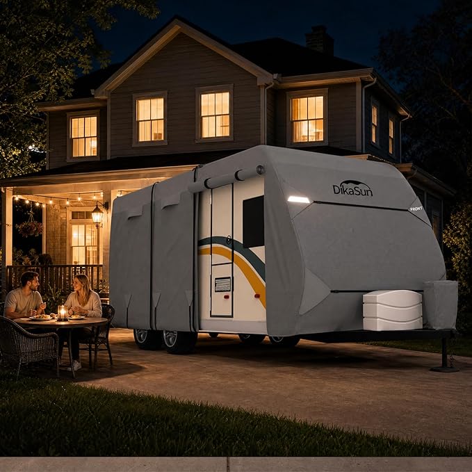 Travel Trailer RV Cover 14-16 FT, Upgraded 7 Layers Top Waterproof Camper Cover, Heavy Duty Toy Hauler RV Cover for Winter Snow with Tongue Jack Cover, Gutter Covers