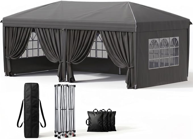 10x20 Pop Up Canopy with Sidewalls, Instant Tent with Carry Bag, Sandbags, Height Adjustable Waterproof Outdoor Canopy, Outdoor Canopy for Events, Camping, Parties (with Reflective Strips)