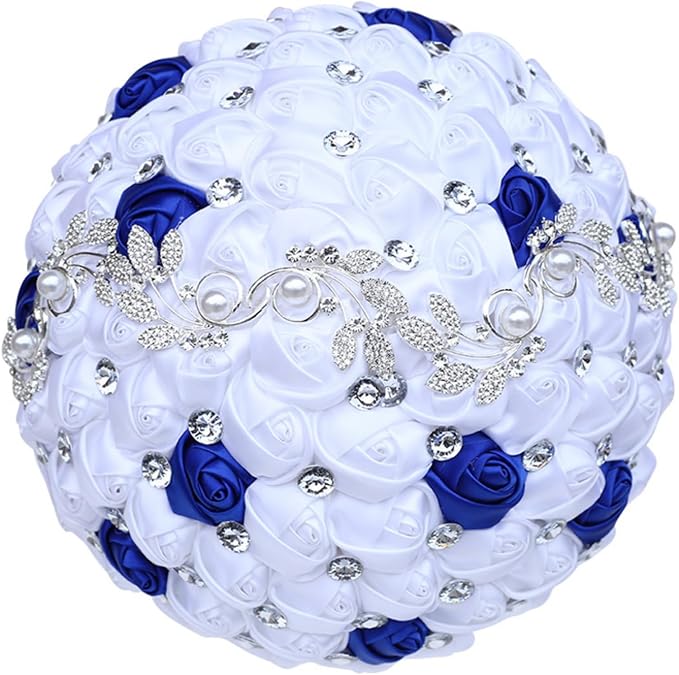 Bridal Wedding Bouquet with Silver Rhinestone Brooch Bouquet for Bride Bridesmaid Quinceanera Satin Rose Flower Bouquet Wedding Royal Blue and White 7.1in