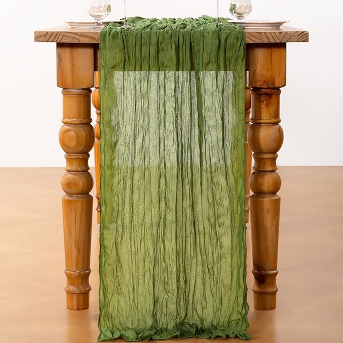 DeZerlor Olive Green Cheesecloth Table Runner 4 Pack Spring Easter Table Runners Boho Gauze 120 Inches Green Cheese Cloth Table Decora for Wedding Bridal Baby Shower Parties