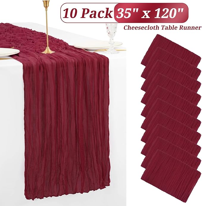 10 Pack Christmas Table Runner 10FT Burgundy Cheesecloth Table Runner 35 x 120 Inch Long Semi-Sheer Gauze Fabric Boho or Rustic Wedding Table Decor for Bridal Shower Baby Shower Holiday Party