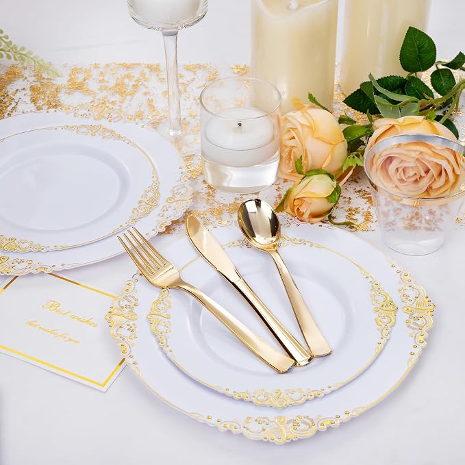 Nervure 600PCS Gold Plastic Dinnerware - White and Gold Disposable Plates for 100 Guests - 200 Disposable Plates, 300 Plastic Silverware, 100 Cups for Wedding & Party