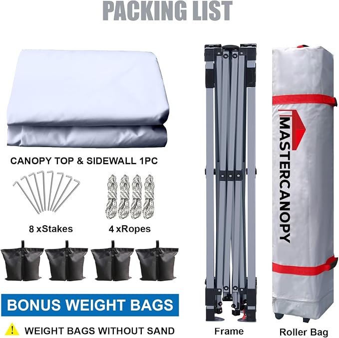 MASTERCANOPY 10x10 Pop Up Canopy Tent with 1 Sidewall, 1 Person Setup Instant Shelter, Outdoor Portable Beach Canopy, 1 Roller Bag, 4 Sandbags, 4 Ropes, 8 Stakes (10x10, White)