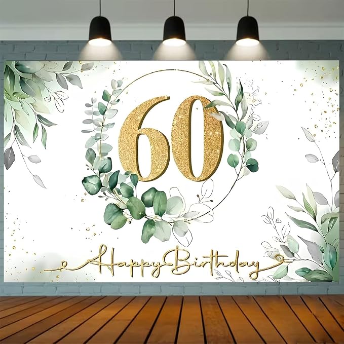 Happy 60th Birthday Backdrop Gold 60th Sign Design Eucalyptus Olive Green Birthday Decorations Gold Dots Greenery Succulent Background for Women Men Birthday Supplies(C, 9X6FT)