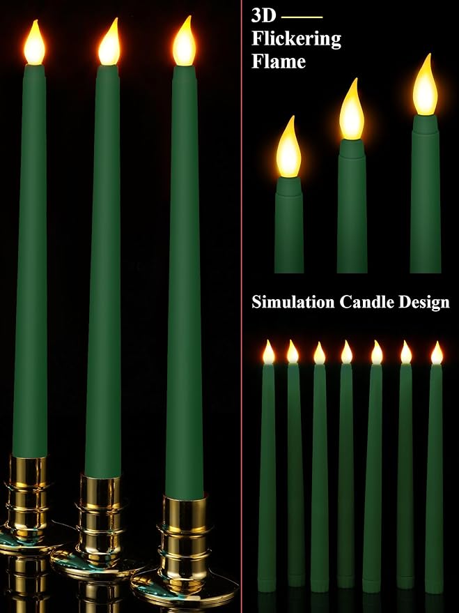 Funtery 48 Pcs Flameless LED Taper Candles Battery Operated Candles Bulk Realistic LED Candlesticks Flickering for Wedding Church Party Home Decor(Green,11 Inch,Classic Style)