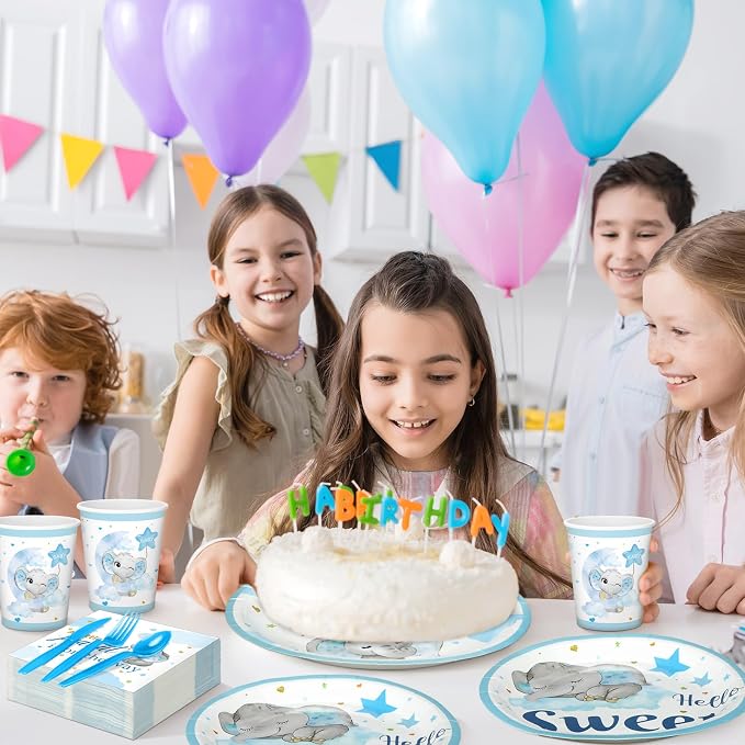 Dandat 350 Pcs Baby Shower Plates Set Baby Shower Party Supplies Serves 50 Tableware Sets Include Plates Napkin Cup Forks Knives Spoons Disposable Dinnerware(Elephant,Blue)