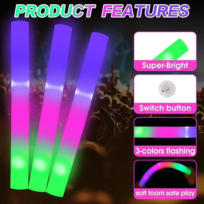 AWANG 32 Pcs Glow Sticks With 3 Modes Colorful Flashing Glow In The Dark Party Supplies Multicolor Bulk LED Foam Glow Sticks For Wedding Raves Sporting Events Glow Party Birthday Camping Concert