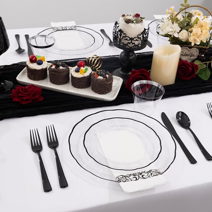 LIYH 350 Pcs Clear and Black Plastic Dinnerware Set for 50 Guests | Includes Plates, Cups, Napkins, and Disposable Cutlery - Elegant Clear & Black Design, Perfect for Parties,Halloween