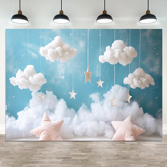7x5ft Cloud Backdrop Sky Starry Star White Blue Photography Background Baby Shower Banner Baby Birthday Party Decoration Newborn Photoshoot Prop Cake Smash Photo Booth Prop
