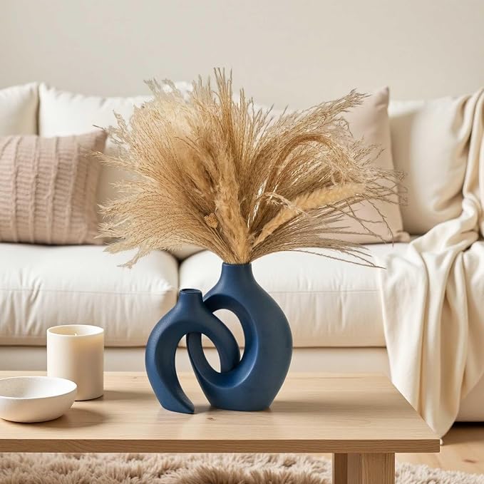 Lvases Snuggle Hollow Ceramic Flower Vase Set 2, 8.4" H Matte Navy Blue | Nordic Boho Home Decor Modern Aesthetic Ins Style Living Room Coffee Table Centerpieces Pampas Grass Decorative Display