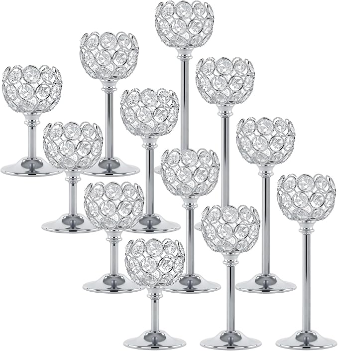 Silver Crystal Candle Holders Candlestick Holders - 4 Sets Tall Bling Bowl Candelabra Centerpieces for Dining Table, Wedding, Party & Fireplace Mantel Decor,12Pcs