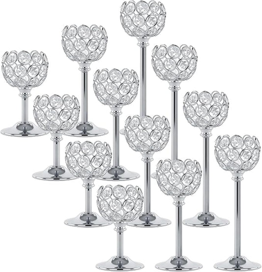 Silver Crystal Candle Holders Candlestick Holders - 4 Sets Tall Bling Bowl Candelabra Centerpieces for Dining Table, Wedding, Party & Fireplace Mantel Decor,12Pcs