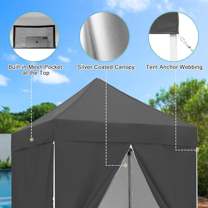 5x5 Pop Up Canopy Tent with Four Sidewalls, Instant Portable Beach Canopy, Outdoor Tent with Carry Bag for Camping, Sports, Tailgating, Events, Gray
