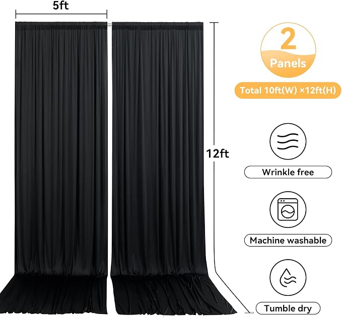 10x12ft Black Backdrop Curtain for Wedding Parties, Wrinkle Free 2 Panels 12 ft Long Silky Polyester Photo Backdrop Drapes Back Drop Cloth Drapery for Birthday Graduation Photography Background
