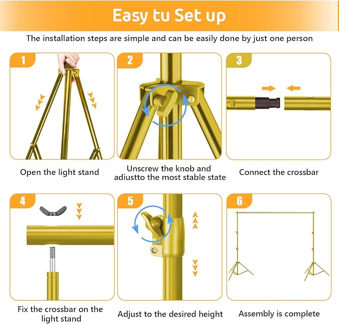 HYJ-INC Photo Video Studio Backdrop Stand- Titanium Gold, 12(W) x 10(H) ft Heavy Duty Adjustable Photography Muslin Background Support System Kit with Carry Bag,4 Spring Clamps