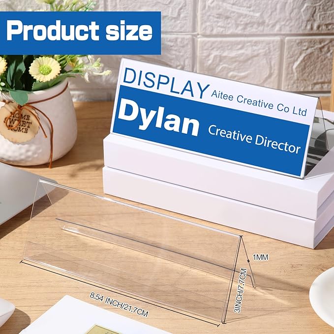 Vicenpal 100 Pieces Clear Plastic Name Tent Holders 8.54'' X 3'' Acrylic Name Plate for Desk PVC Table Tent Card Holder Desk Sign Frame for Office Table Business Conference School Meeting Room