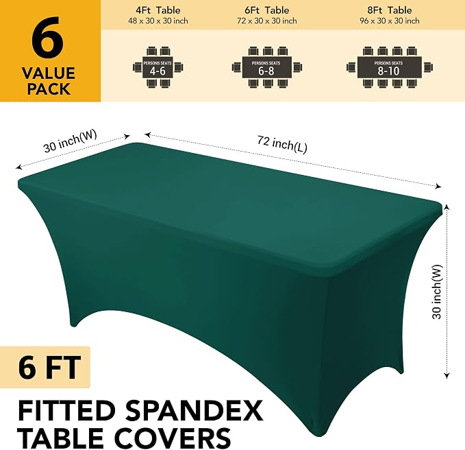 6-Pack Premium Hunter Green Spandex Tablecloths for 6ft Rectangle Tables, Stain & Wrinkle-Resistant, Washable Stretch Polyester Fitted Table Cover for Weddings, Banquets, Trade Shows Events
