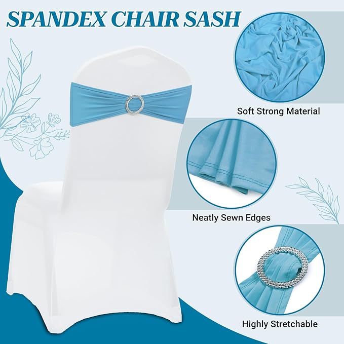 VDS - Blue | Spandex Chair Sashes Bows | 75 PCS | Stretch Elastic Banquet Universal Folding Chair Band Tie with Silver Buckle Slider for Wedding Party Conference Celebration Event Decoration