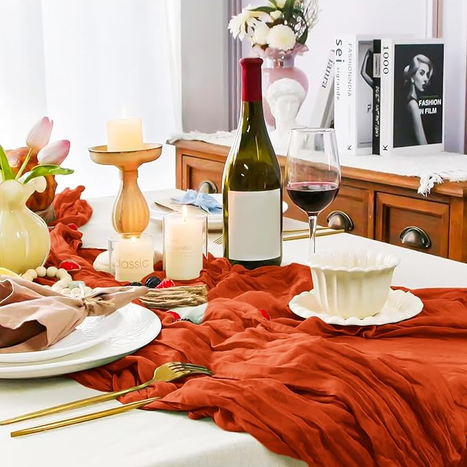 Pesonlook 12 Pack Orange Cheesecloth Table Runner, 10FT Cheesecloth Rustic Boho Table Runner Long Romantic Semi Sheer Table Runner for Wedding Birthday Bridal Shower Party Decorations(21.5×120 Inch)