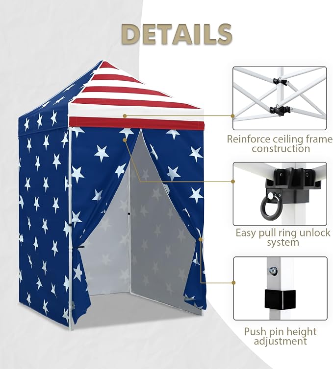EAGLE PEAK 5x5 Instant Canopy with 4-Side Wall Panels, Small Pop up Portable Canopy Tent with Carry Bag, Light Weight Sun Shelter for Sports, Camping and Beach, American Flag