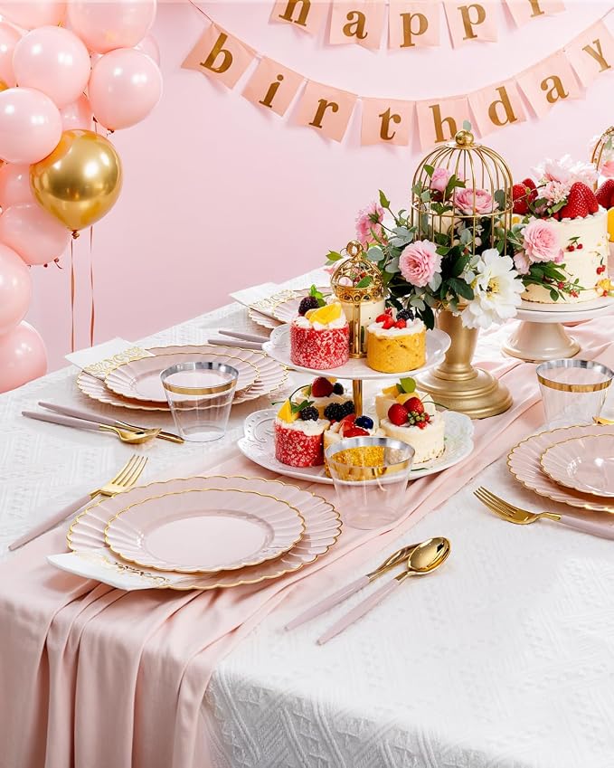 Ciaell 175 PCS Pink Scalloped Plastic Plates with Gold Trim - Pink Plastic Silverware with Handle - Fancy High-End Dinnerware Sets for Wedding & Baby Showers & Party