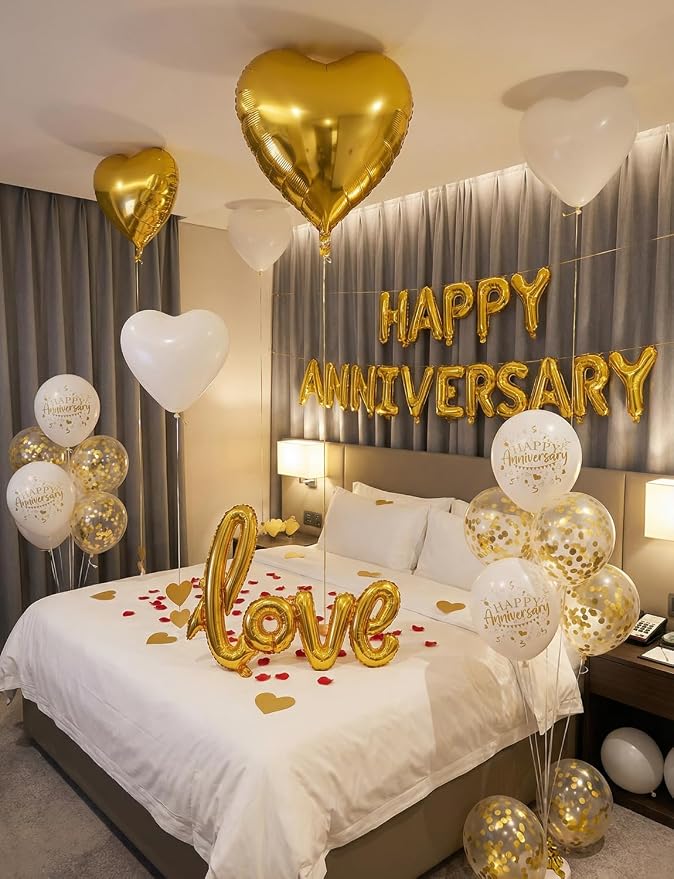 Happy Anniversary Decorations, Gold and White Romantic Balloons Set with Love & Heart Foil Balloons, Happy Anniversary Balloons Banner and Silk Rose Petals for Valentine’s Day & Sweetest Day