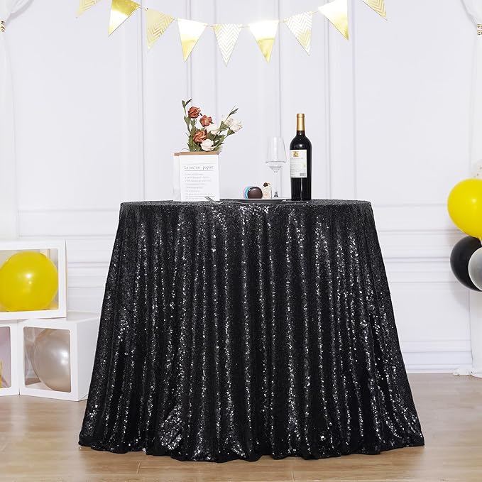 Poise3EHome 90-Inch Round Black Sequin Tablecloth for Halloween Party Cake Dessert Table Exhibition Events